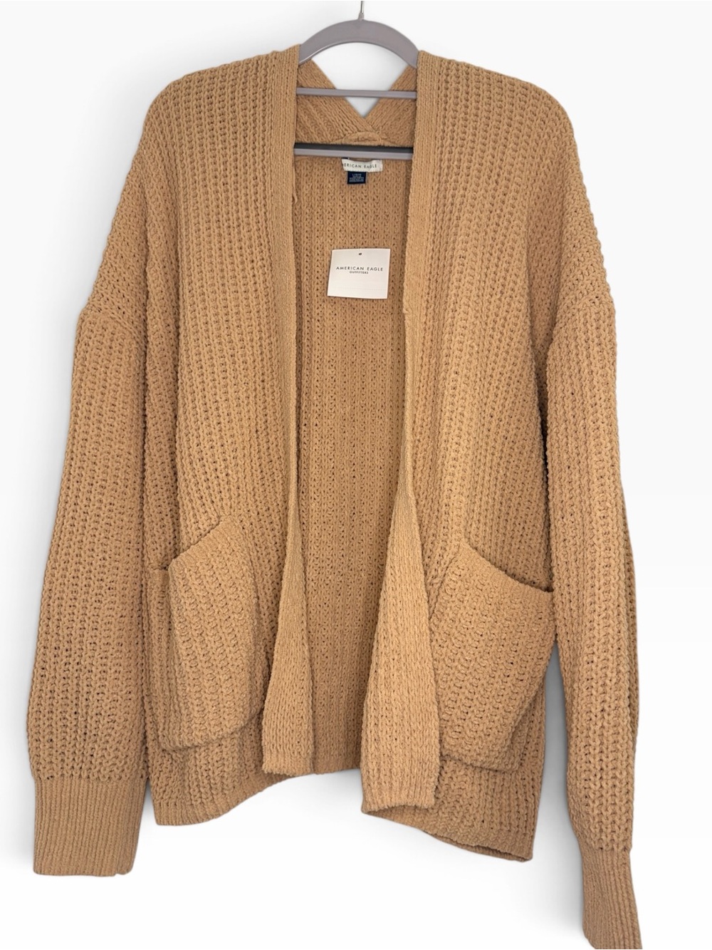 American Eagle Waffle-Knit Open Cardigan - Camel